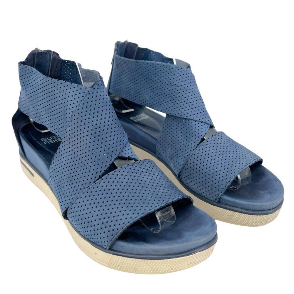 Eileen Fisher Blue Perforated Wedge Sandals - Picture 2 of 10